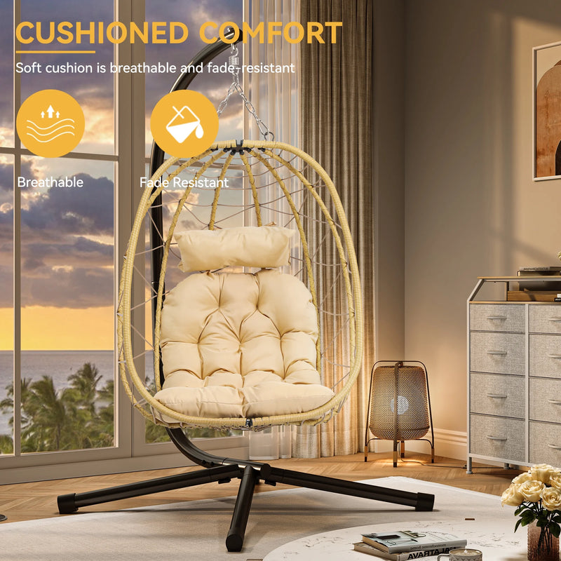 Hanging Egg Chair with Stand Swing Chair Wicker Indoor Outdoor Hammock Egg Chair with Cushions 330Lbs for Patio, Bedroom, Garden and Balcony, Beige