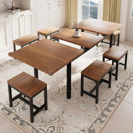 Dining Table Set, 7-Piece Extendable Table from 63" Large Extendable Kitchen Table Set for 4-8 People, Mid-Century Dining Room Table with 6 Square Stools,Walnut
