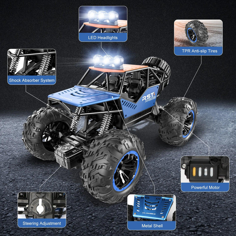 Blue Remote Control Cars 1:18, All Terrain Metal Shell 4X4 Off-Road Vehicle Monster Truck, High Speed 2.4 Ghz RC Car, Christmas Birthday Gift Outdoor Toys for Kids 6+ & Adults