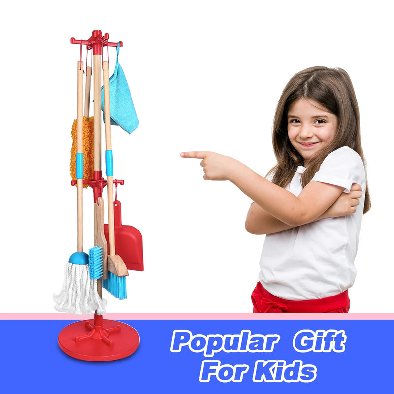 7 Piece Kids Cleaning Set, Wooden Detachable Cleaning Toys Includes Broom Dustpan Mop Brush Duster Rag and Hanging Stand, Pretend Play Housekeeping Tools Gift for Girls Boys, Blue