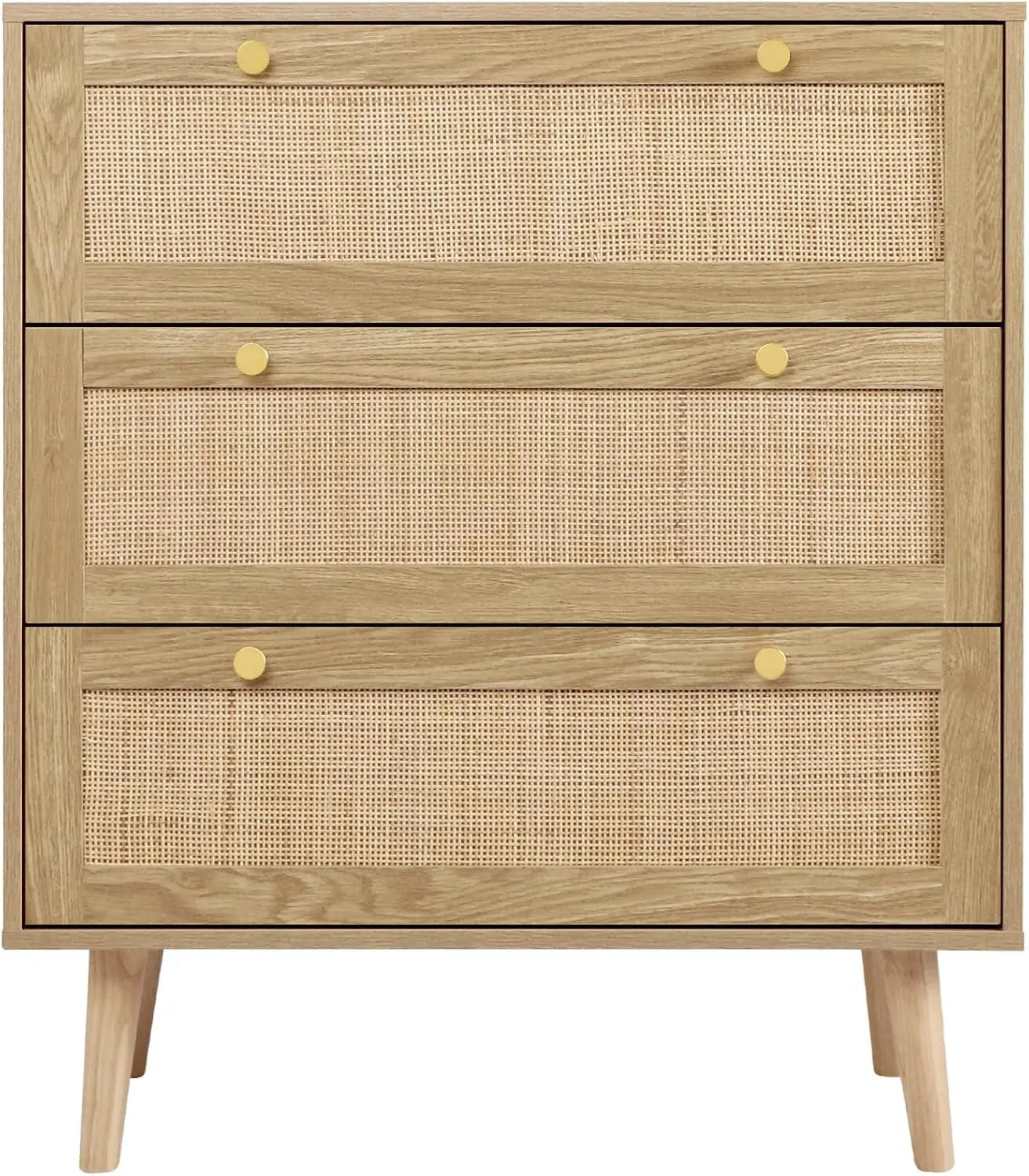 3 Drawer Dresser for Bedroom, Rattan Dresser Modern Wood Chest of Drawers with Spacious Storage for Bedroom Hallway Living Room, Rustic Oak, H0027