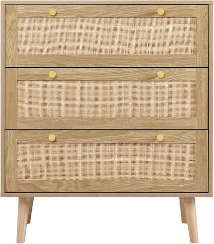 3 Drawer Dresser for Bedroom, Rattan Dresser Modern Wood Chest of Drawers with Spacious Storage for Bedroom Hallway Living Room, Rustic Oak, H0027
