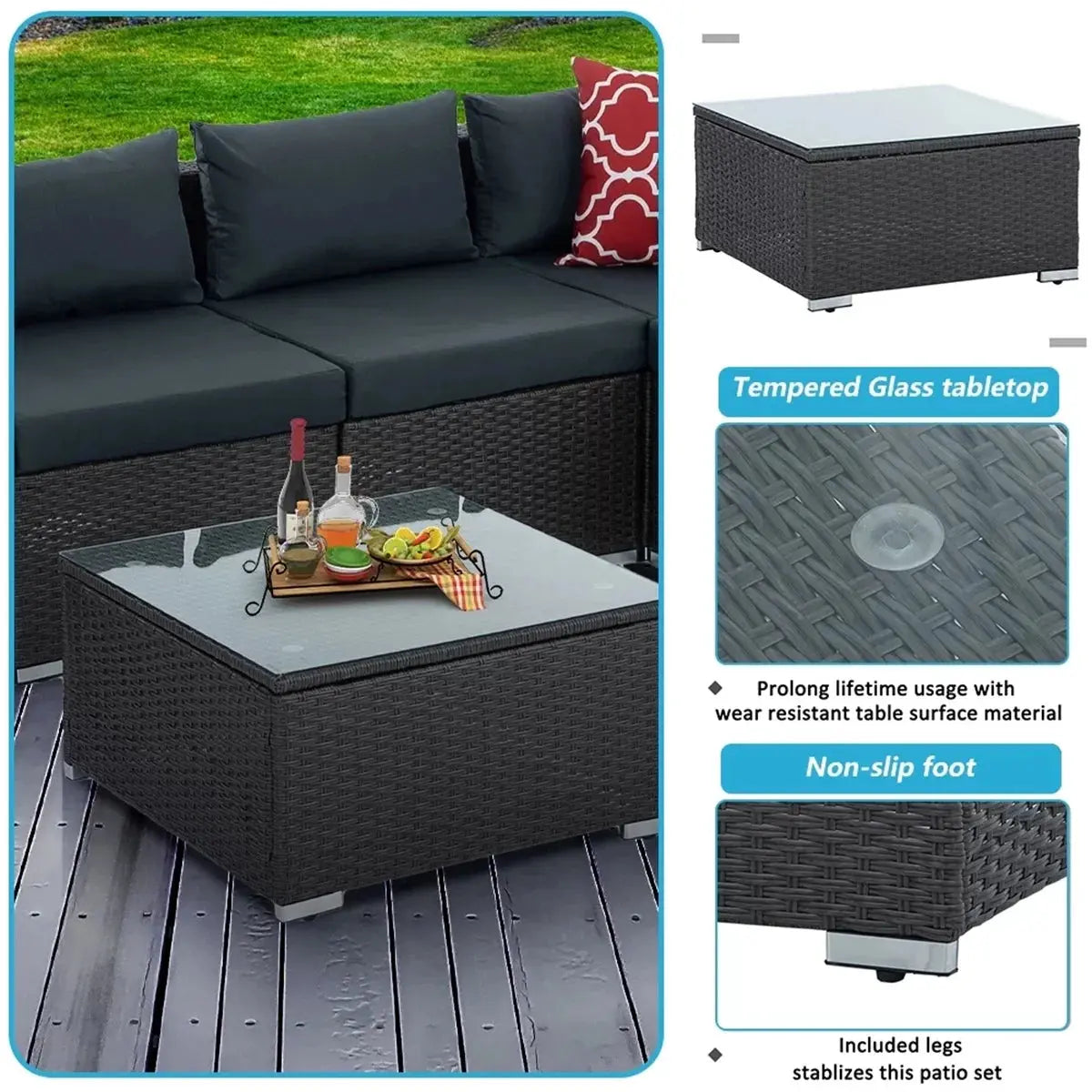 7 Piece Patio Furniture Sets Outdoor Sectional PE Rattan Outdoor Furniture Patio Conversation Set with Cushions and Glass Coffee Table, for Balcony Lawn and Garden, Dark Gray