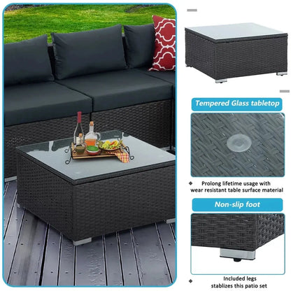 7 Piece Patio Furniture Sets Outdoor Sectional PE Rattan Outdoor Furniture Patio Conversation Set with Cushions and Glass Coffee Table, for Balcony Lawn and Garden, Dark Gray