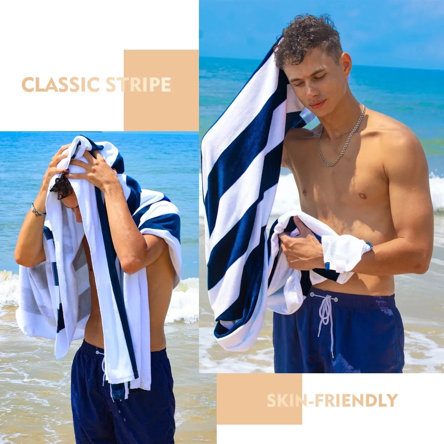 4-Pack Cotton Oversized 35"X70" Cabana Stripe Beach Towels, Super Absorbent Soft Plush Pool Towel, Bath Towel (Dark Navy)