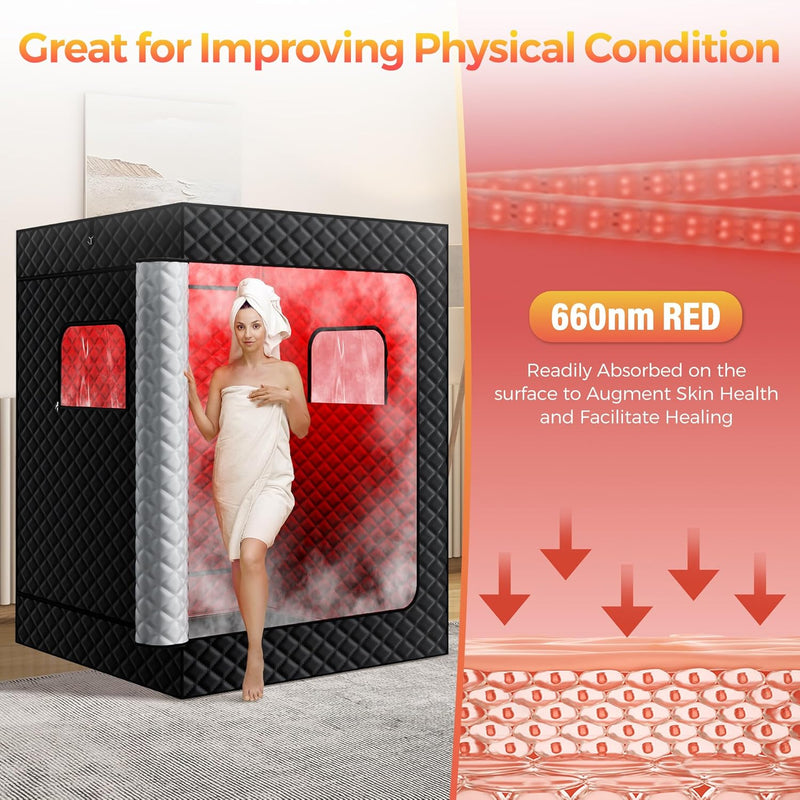 Upgraded 2 Person Portable Infrared Sauna Box with 5-Layer Waterproof, 2 Steamers, 2 Folding Chair for Spa, Indoor, Outdoor, Gym, Pilates, 71”X 36”X 49”, Black-2 Person