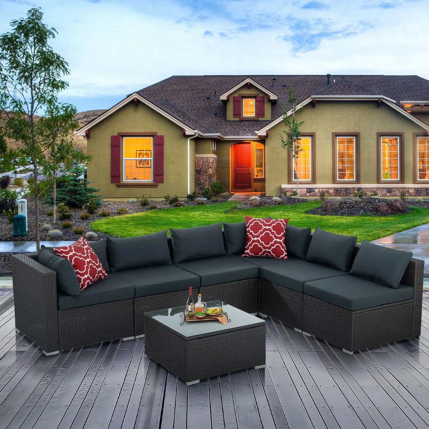 7 Piece Patio Furniture Sets Outdoor Sectional PE Rattan Outdoor Furniture Patio Conversation Set with Cushions and Glass Coffee Table, for Balcony Lawn and Garden, Dark Gray