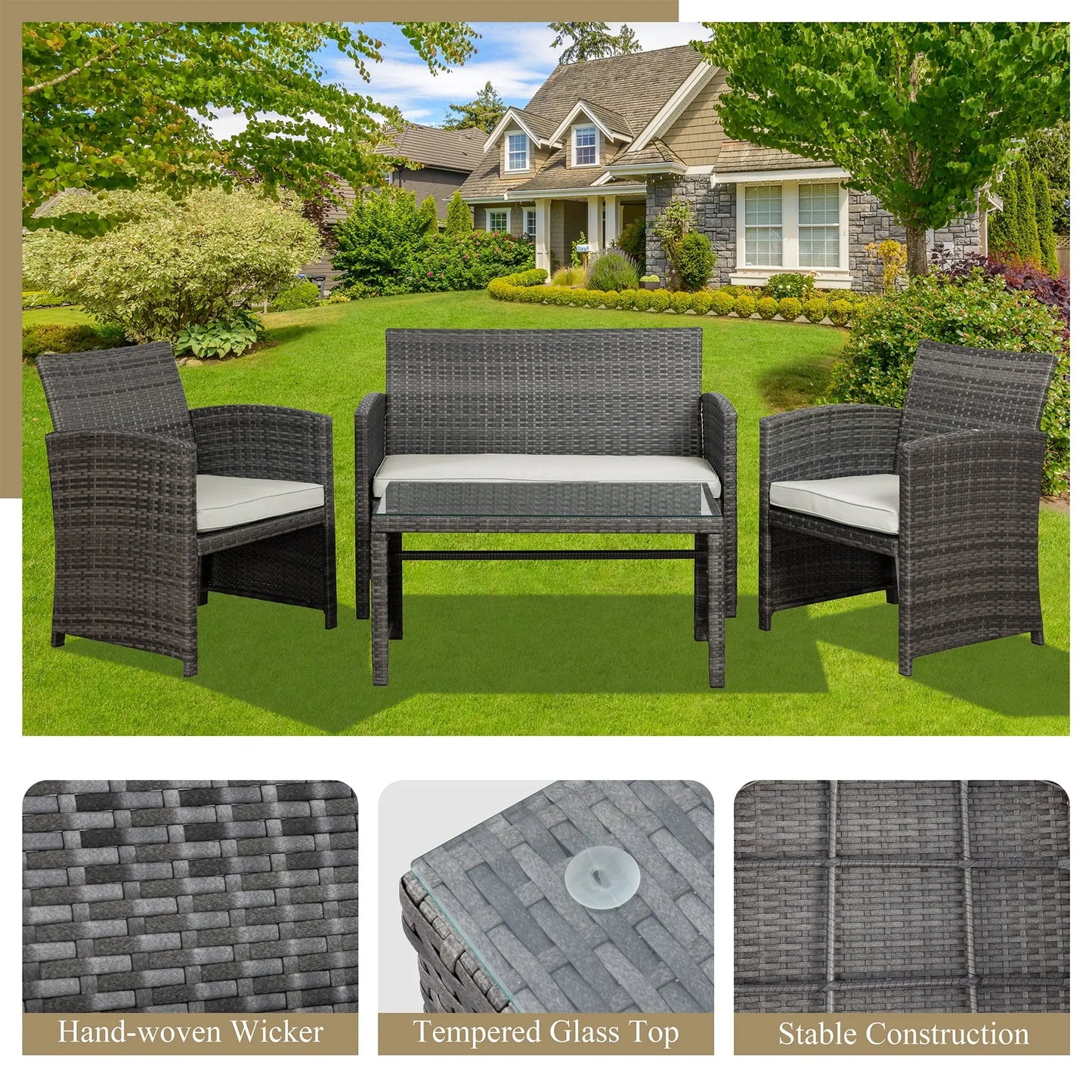4-Piece Patio Rattan Furniture Set with Cushions & Tempered Glass Tabletop, White