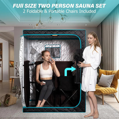 Portable Far Infrared Sauna, Home Two Person Sauna Box with 660Nm Red Light Therapy Lamp, X-Large Full Size Indoor SPA Tent for Body Recovery, Remote Control, 2 Folding Chairs, Blackgreen