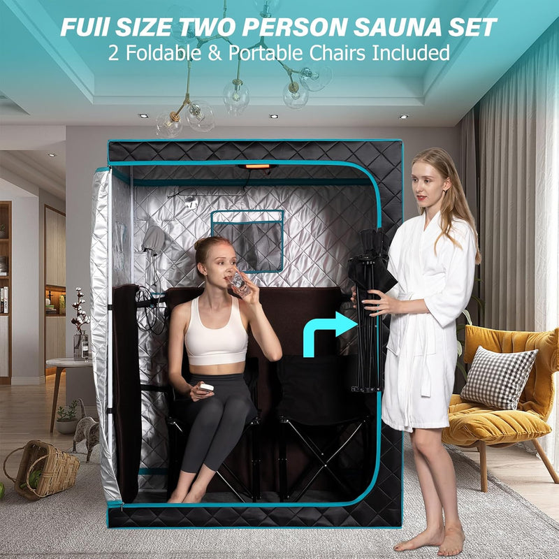 Portable Far Infrared Sauna, Home Two Person Sauna Box with 660Nm Red Light Therapy Lamp, X-Large Full Size Indoor SPA Tent for Body Recovery, Remote Control, 2 Folding Chairs, Blackgreen