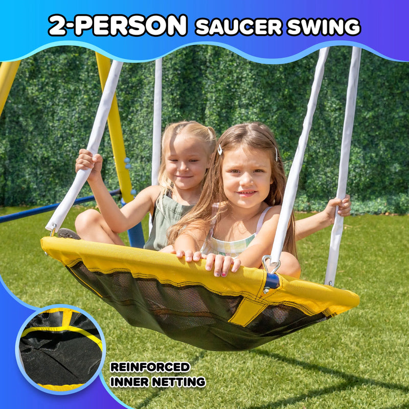 Elevate Playtime! 🌟 Super Star Metal Swing Set with Saucer & Glider Swings + Lifetime Warranty on Slide! Perfect for Kids 3-8! 🛝🎉