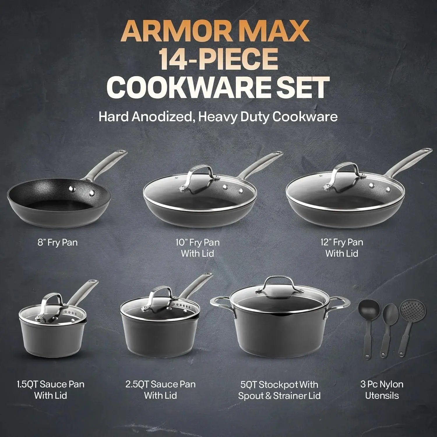 14 Pc Induction Cookware Sets, Kitchen Pots and Pans Set Non Stick, Kitchen Cookware Sets, Nonstick Cookware Set, Non Stick Pots and Pan Set, Hard Anodized, Oven and Dishwasher Safe