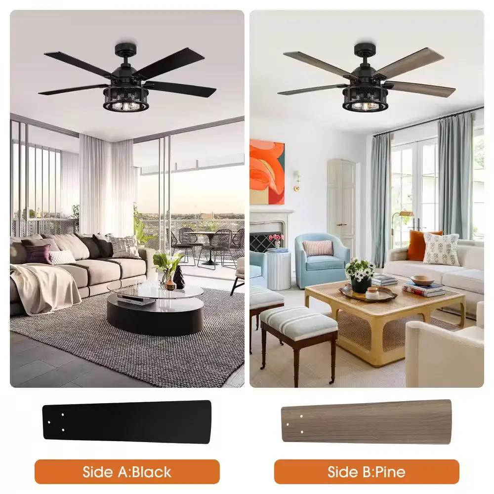 52 In. Indoor Industrial Mesh Metal Reversible Blades Black Ceiling Fan with Light Kit and Remote Control