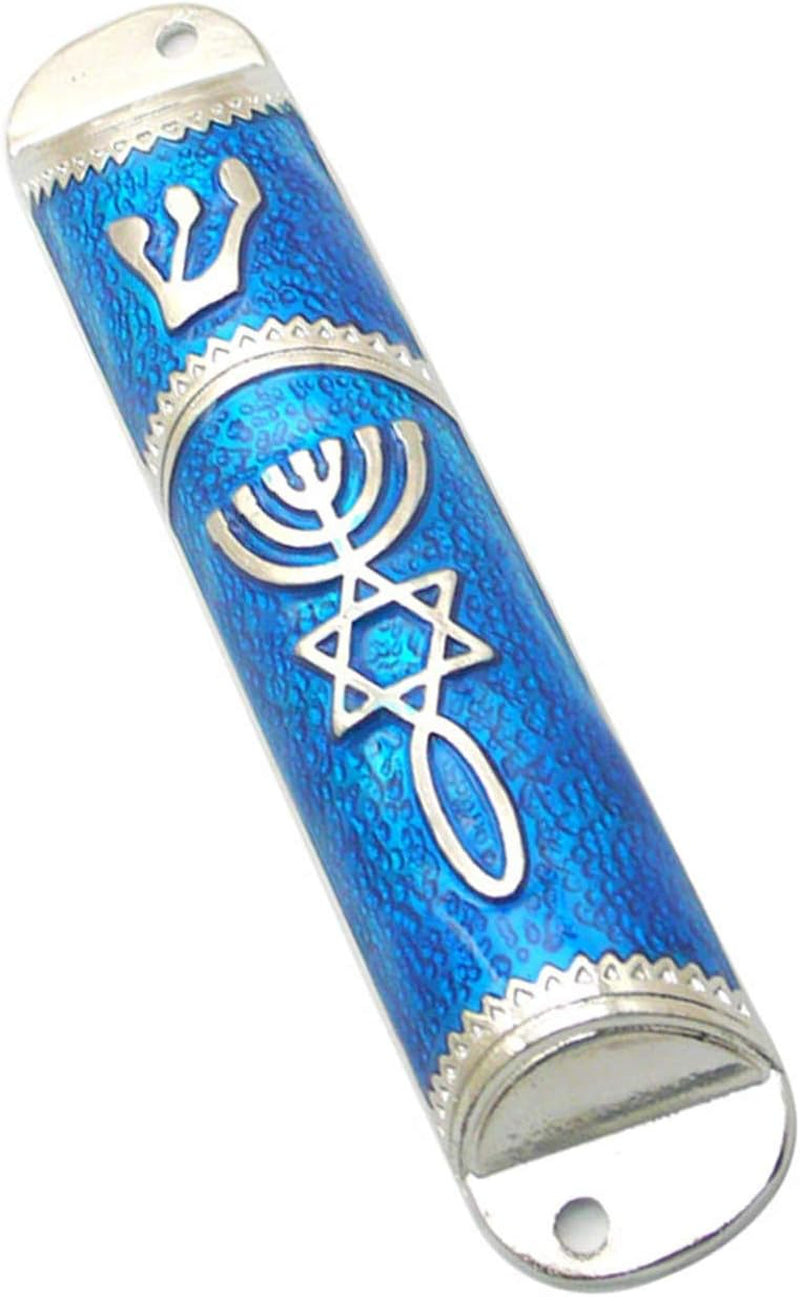 Mezuzah Case - 4.1 Inches, Blue and Silver Frame, Includes Scroll, Metal Wall Mount