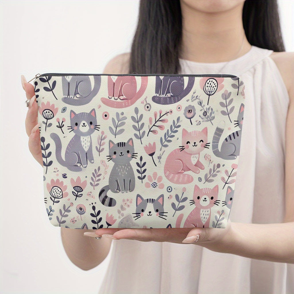 1pc, Cat Floral Pattern Makeup Bag