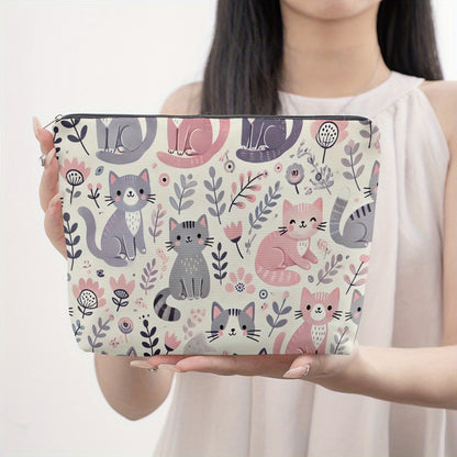 1pc, Cat Floral Pattern Makeup Bag