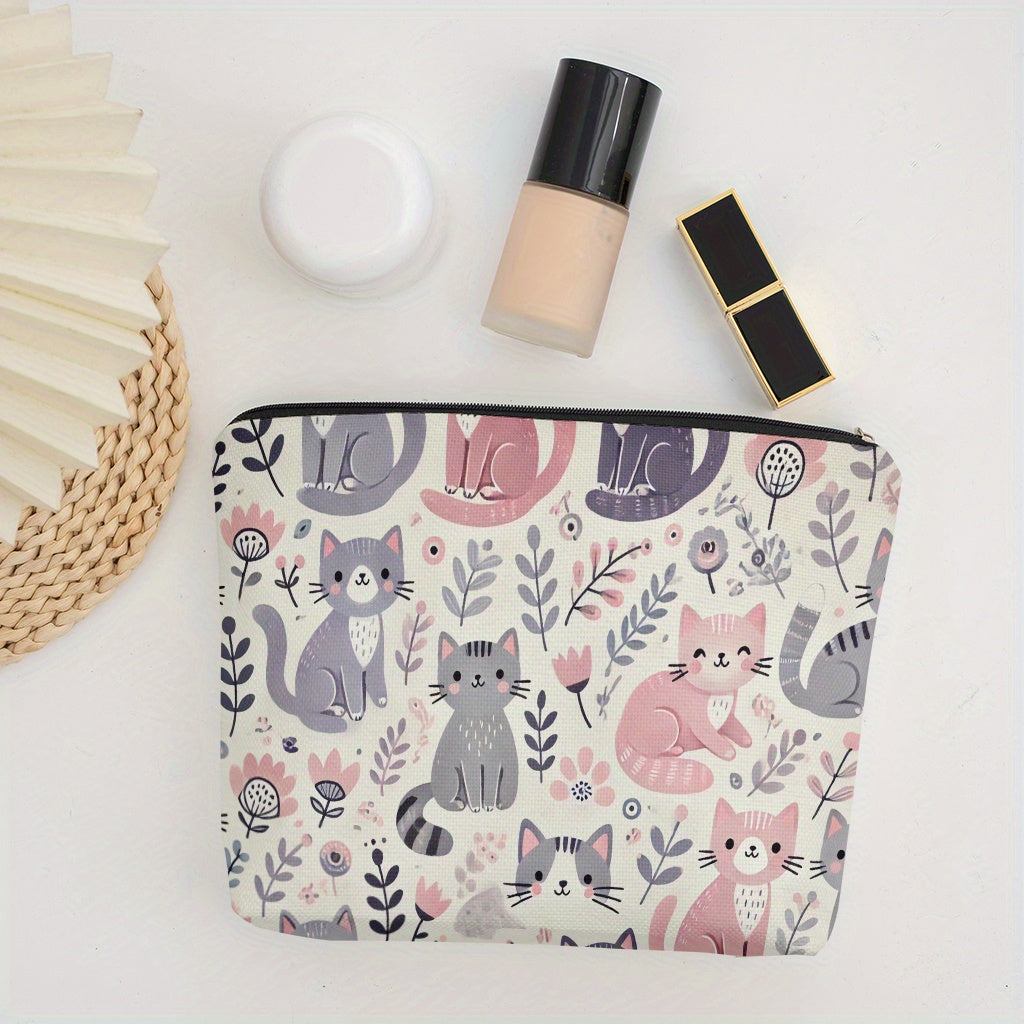 1pc, Cat Floral Pattern Makeup Bag