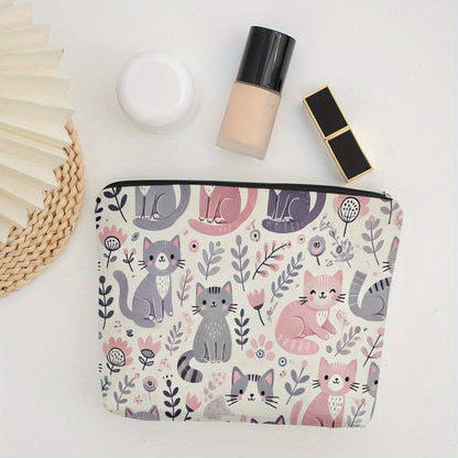 1pc, Cat Floral Pattern Makeup Bag