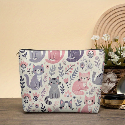 1pc, Cat Floral Pattern Makeup Bag