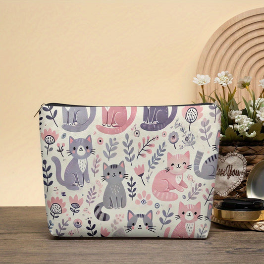 1pc, Cat Floral Pattern Makeup Bag