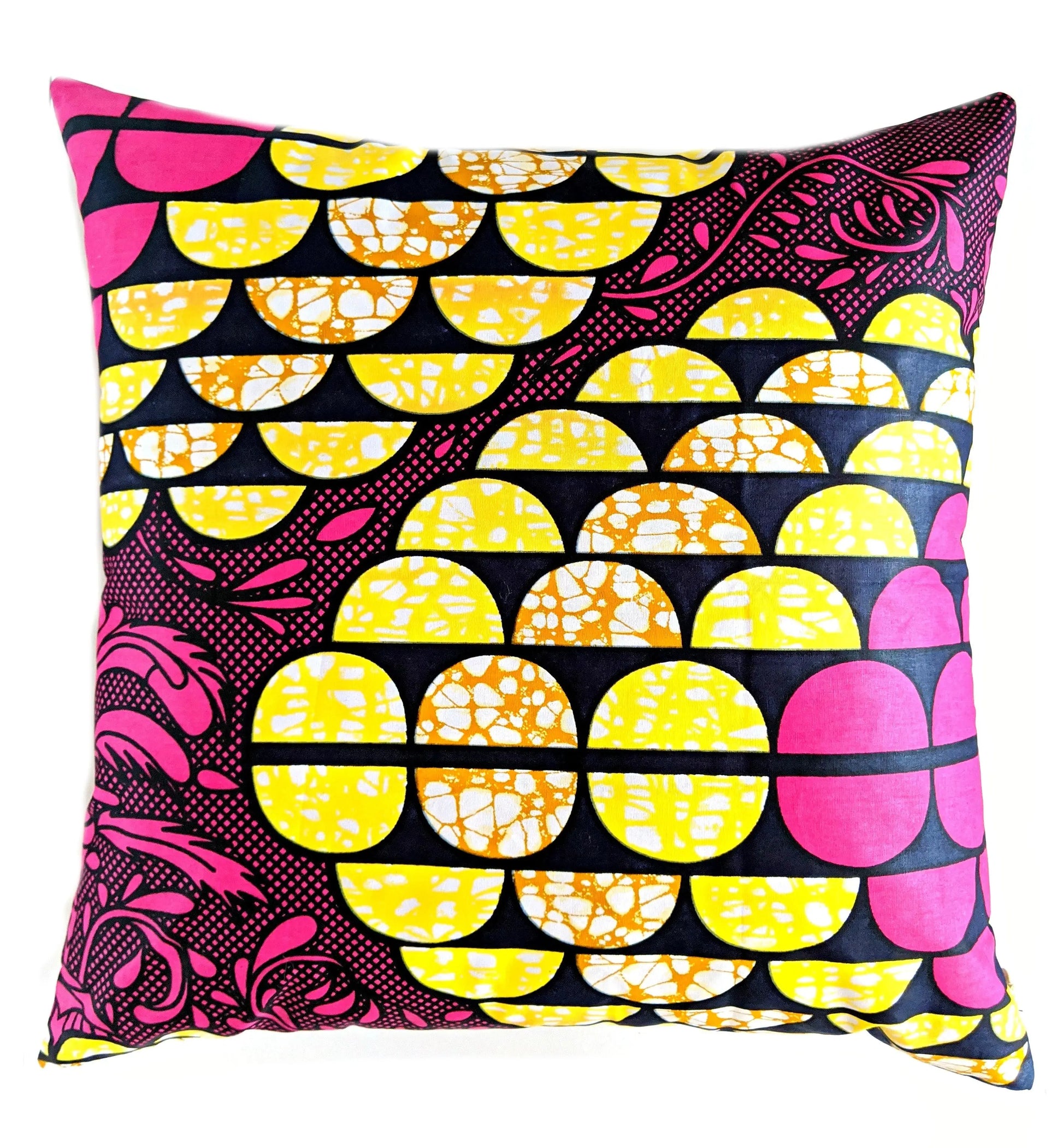 African Print Fabric Pillow Cover -Fuchsia Black Yellow Reflektion Design