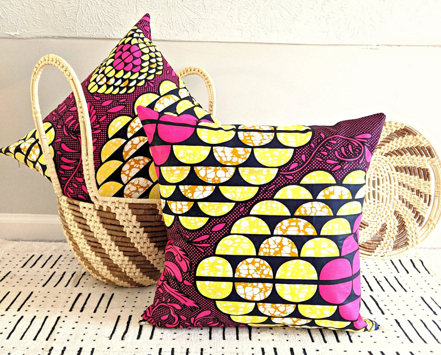 African Print Fabric Pillow Cover -Fuchsia Black Yellow Reflektion Design