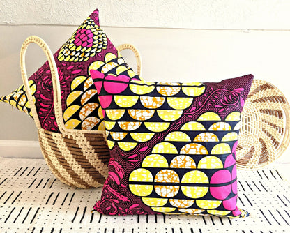 African Print Fabric Pillow Cover -Fuchsia Black Yellow Reflektion Design