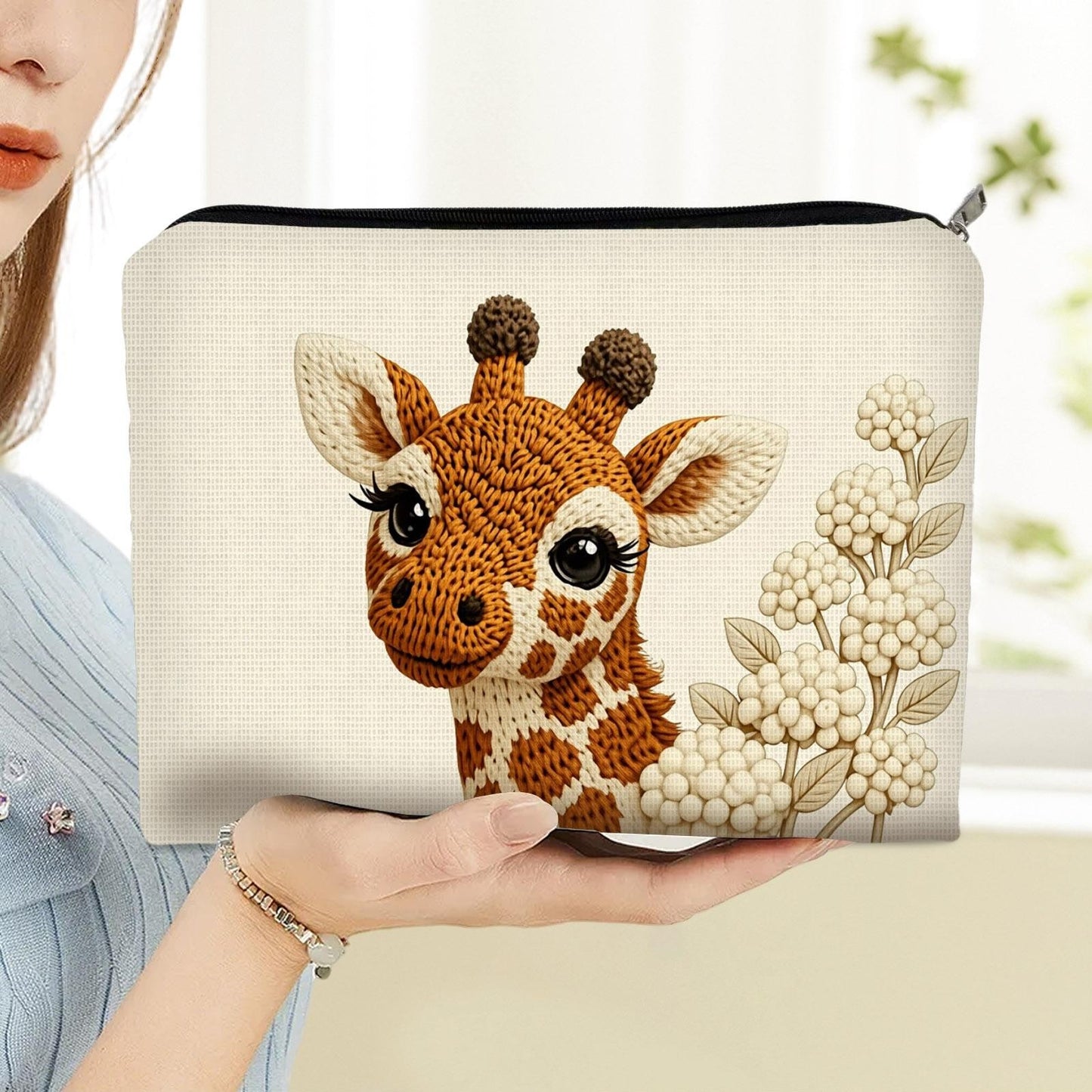 Cute Knitted Style Giraffe Print Cosmetics / School Supplies Bag