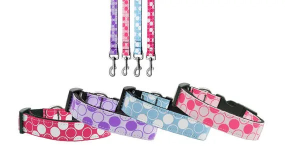 Pet Dog & Cat Nylon Collar or Leash, "Diagonal Dots" WooF WooF MeoW MeoW