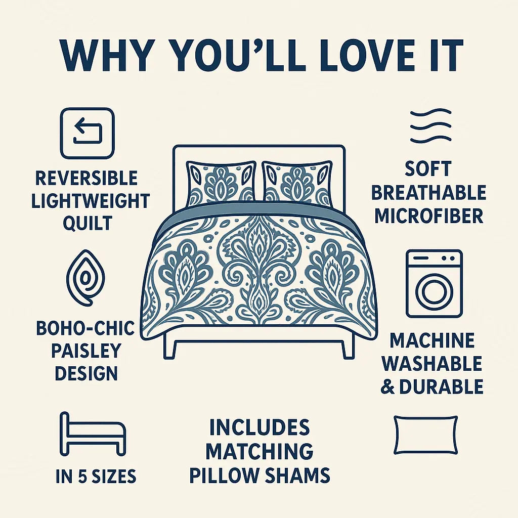 DaDa Bedding Bohemian Summertime White Blue Floral Paisley Bedspread Set (KSX-003) DaDalogy Bedding Collection