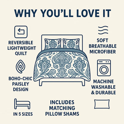 DaDa Bedding Bohemian Summertime White Blue Floral Paisley Bedspread Set (KSX-003) DaDalogy Bedding Collection