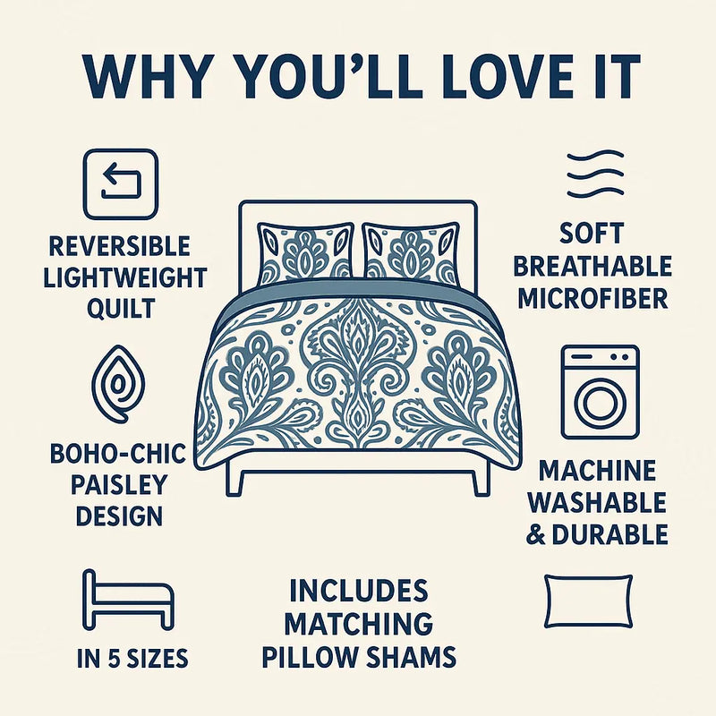 DaDa Bedding Bohemian Summertime White Blue Floral Paisley Bedspread Set (KSX-003) DaDalogy Bedding Collection