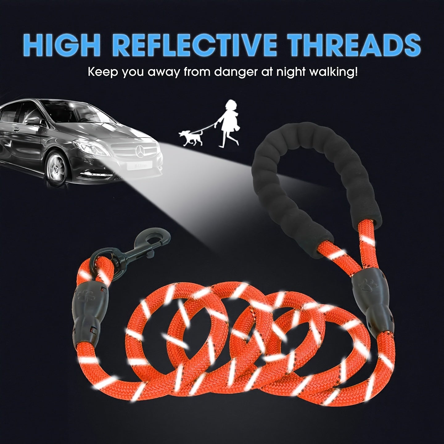 Dog Leash with Comfortable Padded Handle And Highly Reflective Threads