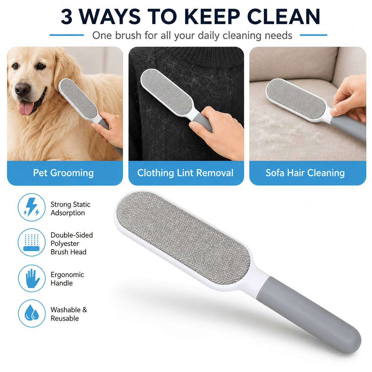 Double-sided Electrostatic Adhesive Brush, Reusable Pet Hair Cleaner