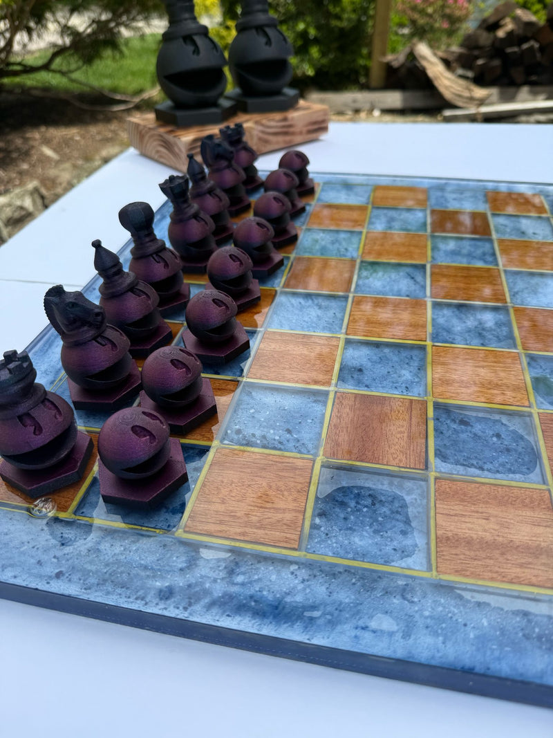 19.5" Walnut & Epoxy Resin Chess Set – Handcrafted Board with 3D Printed Modern Pieces