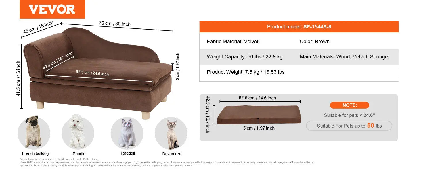 VEVOR Pet Sofa Dog Couch for Medium-Sized Dogs and Cats Soft Velvety Dog Sofa Bed for Living Room Bedroom Pet Store or Clinic Our3Designs
