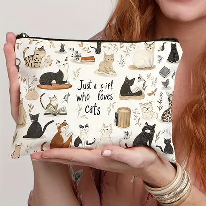 Vibrant Cat Print Cosmetic Bag with 3 Adorable Cats and Floral Design
