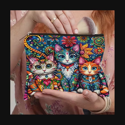 Vibrant Cat Print Cosmetic Bag with 3 Adorable Cats and Floral Design