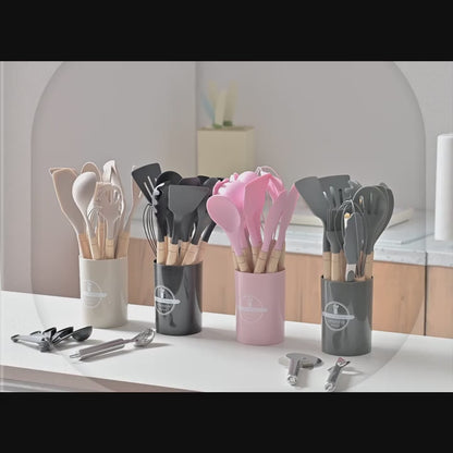 34pcs Silicone Kitchen Utensils Set with Wooden Handle