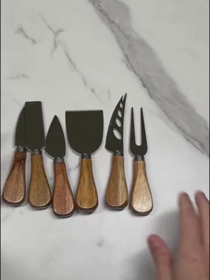 6-Piece Cheese Knife Set with Wooden Handles – Cheese Spreaders, Forks & Cutters for Charcuterie Boards, Wine Nights, and Entertaining