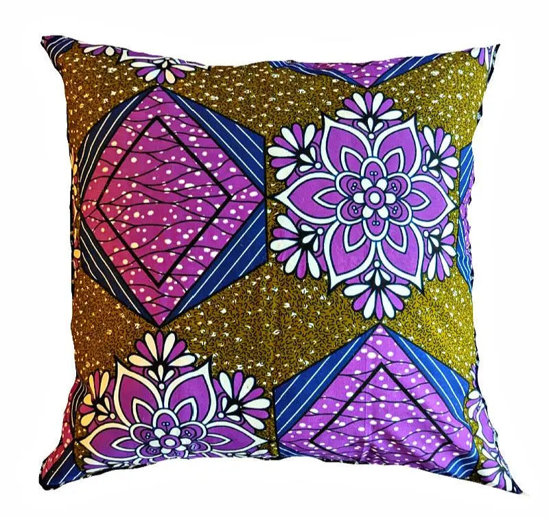 African Fabric Pillow Cover - Purple Olive Green Navy Reflektion Design