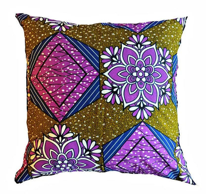 African Fabric Pillow Cover - Purple Olive Green Navy Reflektion Design