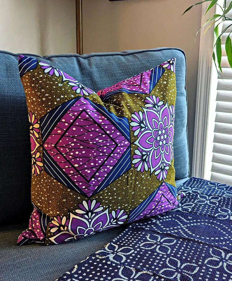 African Fabric Pillow Cover - Purple Olive Green Navy Reflektion Design