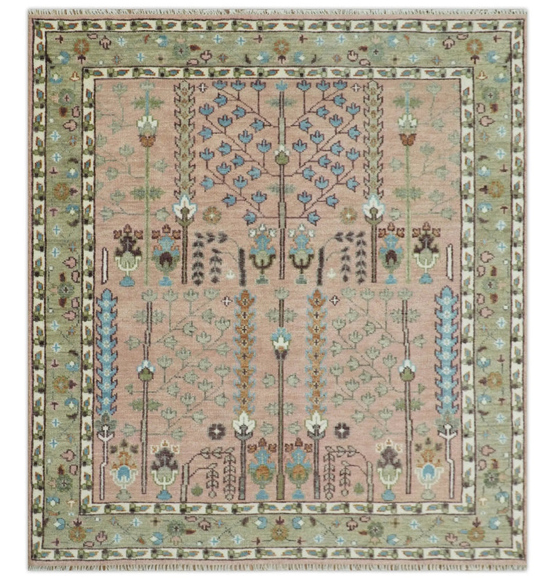Ready to Ship Pink, Olive and Beige Traditional Vintage Style Tree Wool Rug The Rug Decor