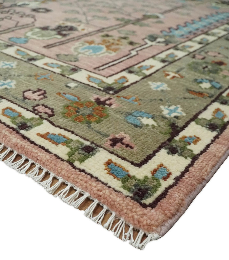 Ready to Ship Pink, Olive and Beige Traditional Vintage Style Tree Wool Rug The Rug Decor