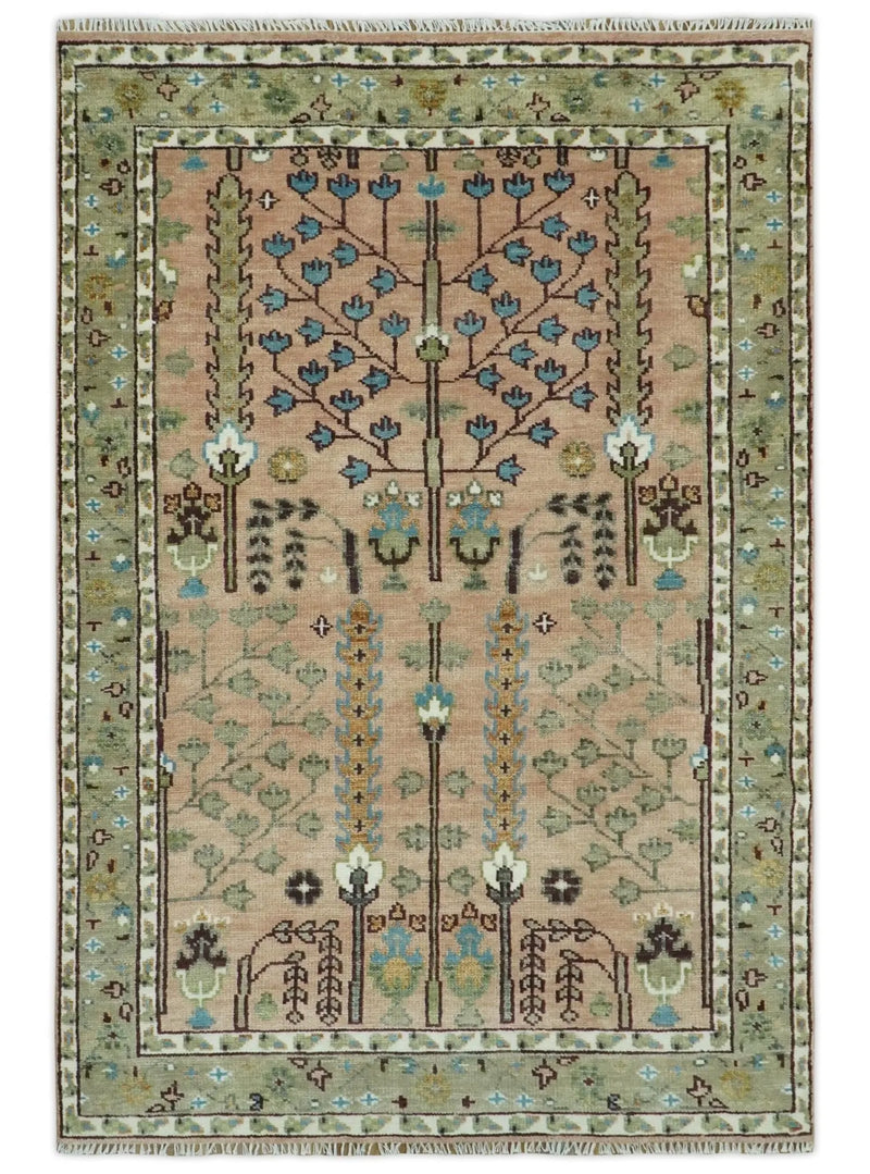 Ready to Ship Pink, Olive and Beige Traditional Vintage Style Tree Wool Rug The Rug Decor