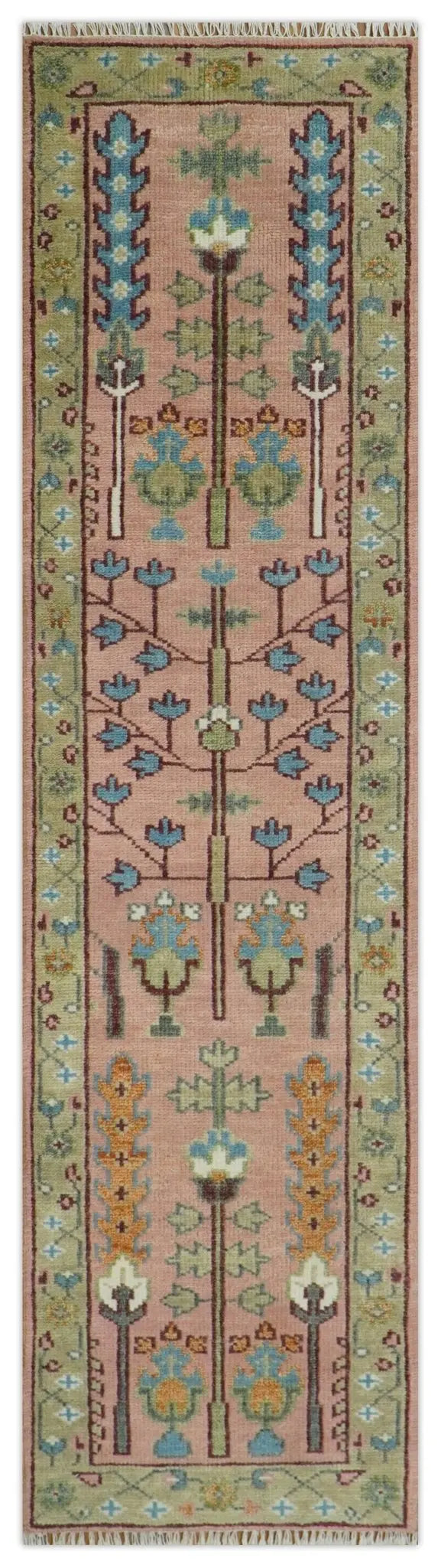 Ready to Ship Pink, Olive and Beige Traditional Vintage Style Tree Wool Rug The Rug Decor