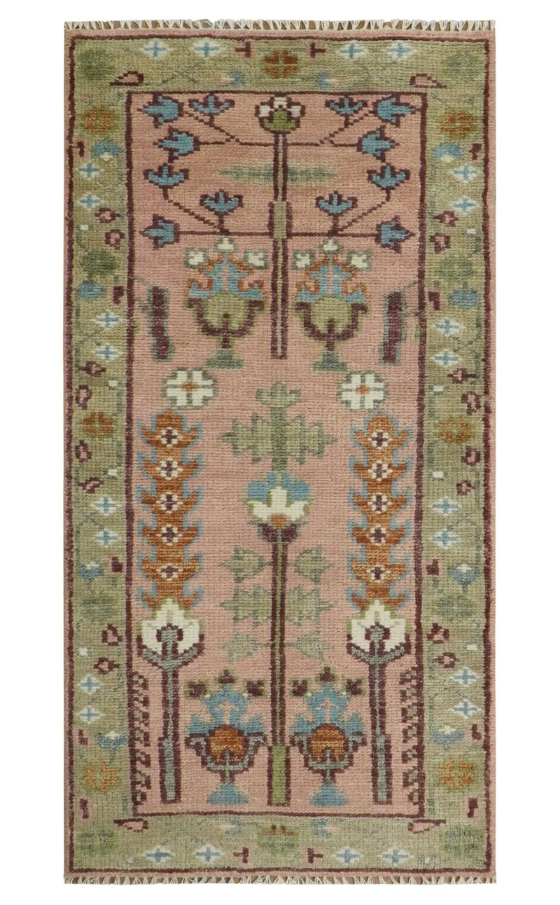 Ready to Ship Pink, Olive and Beige Traditional Vintage Style Tree Wool Rug The Rug Decor