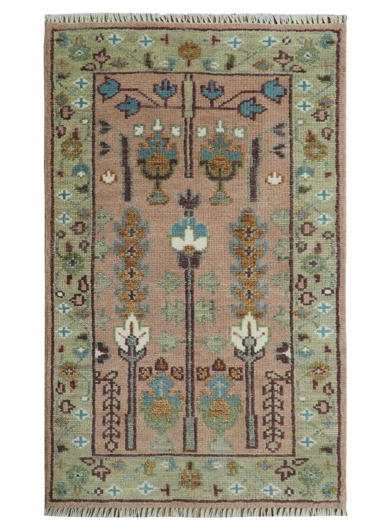 Ready to Ship Pink, Olive and Beige Traditional Vintage Style Tree Wool Rug The Rug Decor