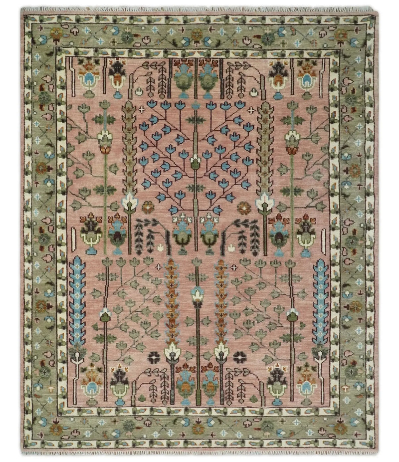 Ready to Ship Pink, Olive and Beige Traditional Vintage Style Tree Wool Rug The Rug Decor